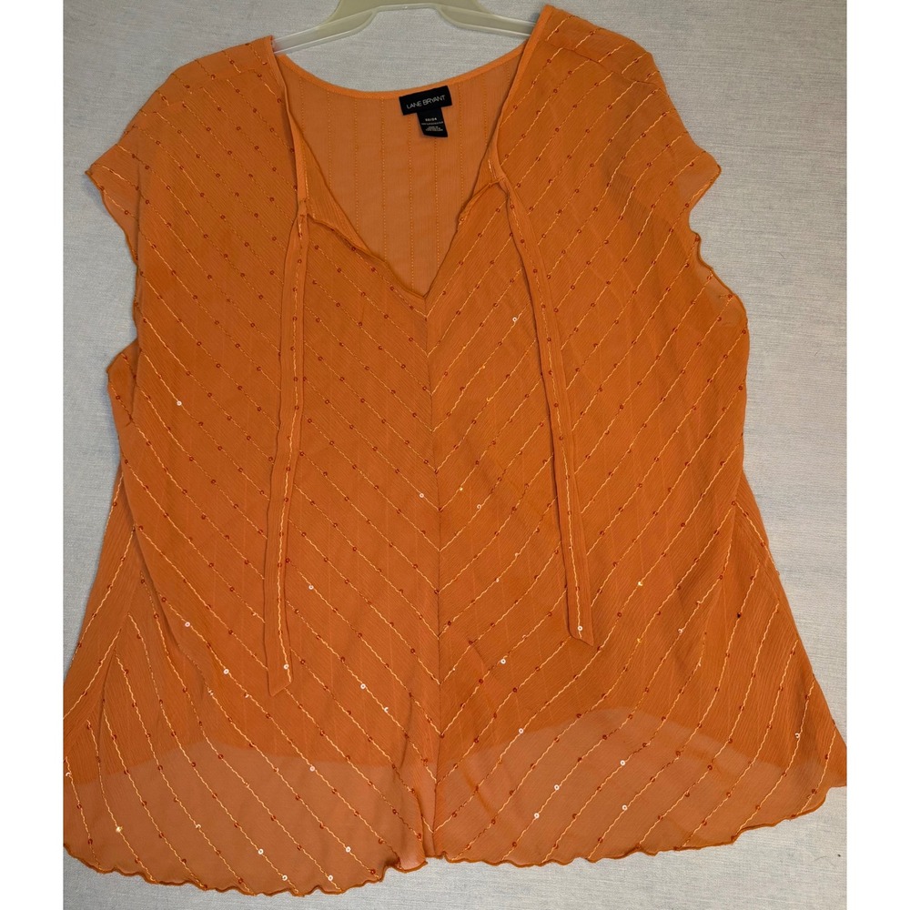 Lane Bryant Orange Sequin Chiffon V-Neck Tie Blouse Plus Size 22/24